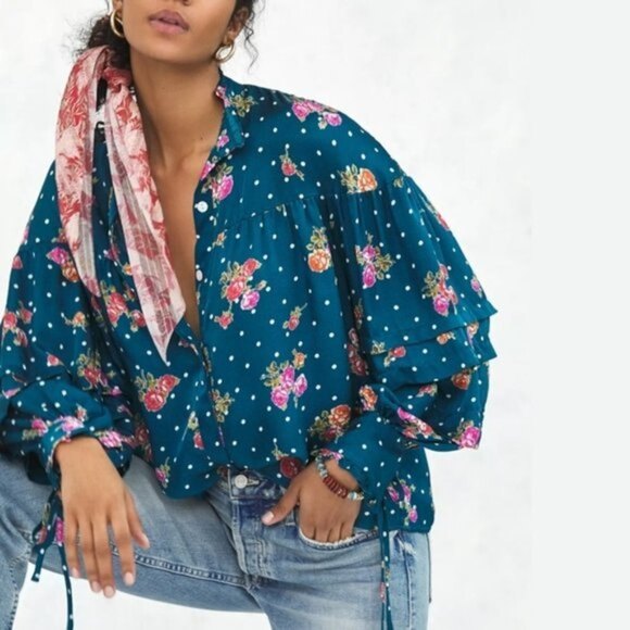 Anthropologie Wellesley Puff Ruffle Sleeve Floral Polka Dot Button Down Shirt - Picture 1 of 8